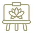 Abstraktes Icon einer Staffelei mit Blütenmotiv, das Kreative Therapieformen symbolisiert.