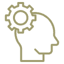 Abstraktes Icon eines Kopfes mit Zahnrad, das Kognitive Förderung symbolisiert.